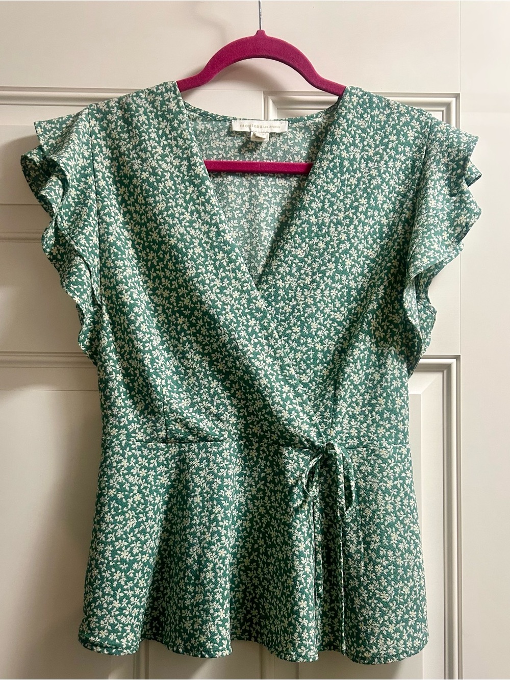 Monteau Mint Green Floral Wrap Top with White Blossoms